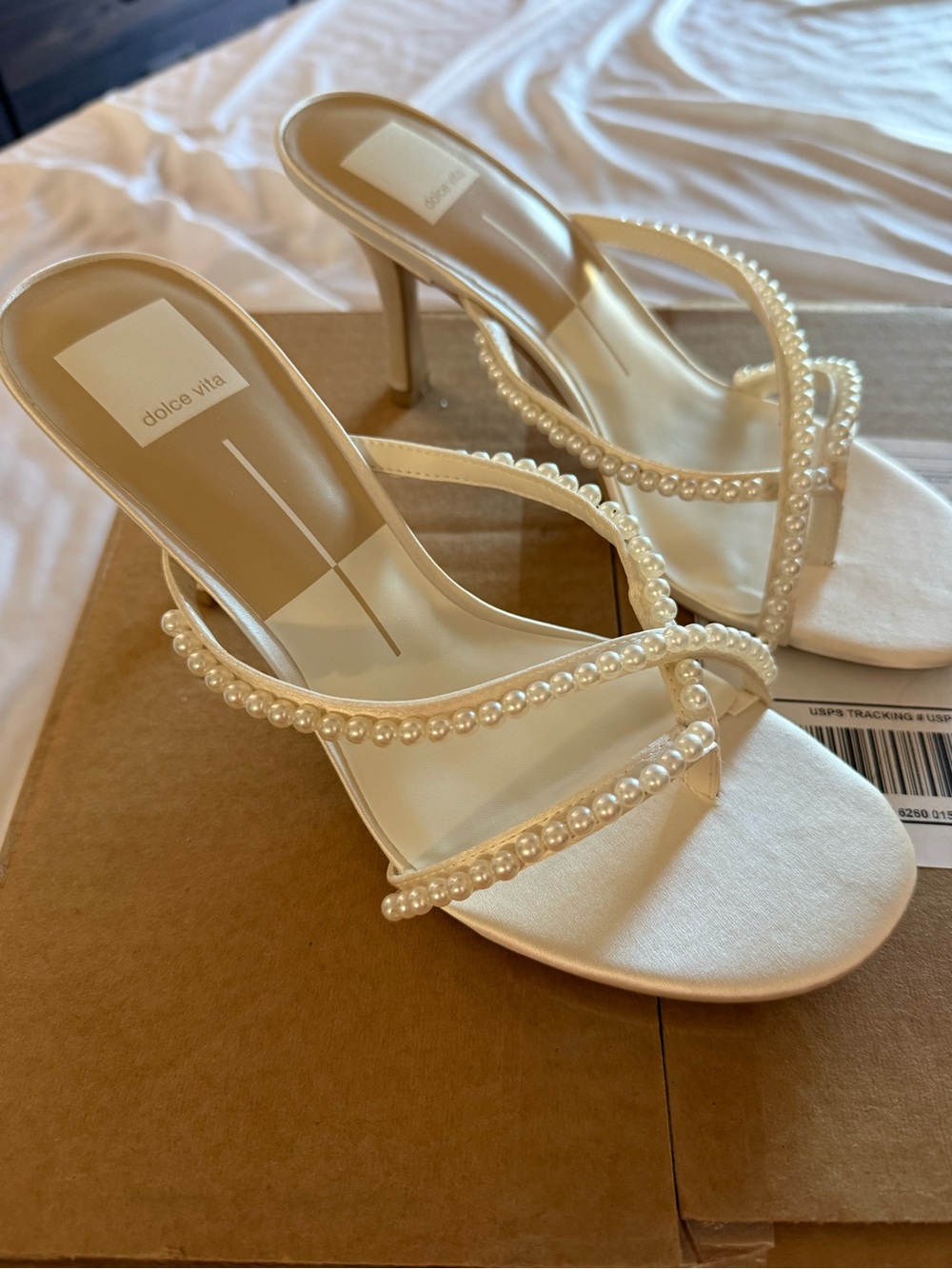 Dolce Vita Pearl-Embellished Ivory Heeled Sandals